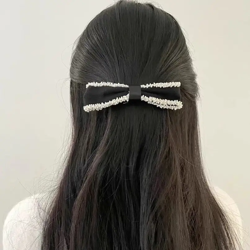 South Korea Hair Accessories Top Clip High-Grade Beaded Edge Graceful Bow Hairpin Spring Clip Dongdaemun Hairpin Headdress