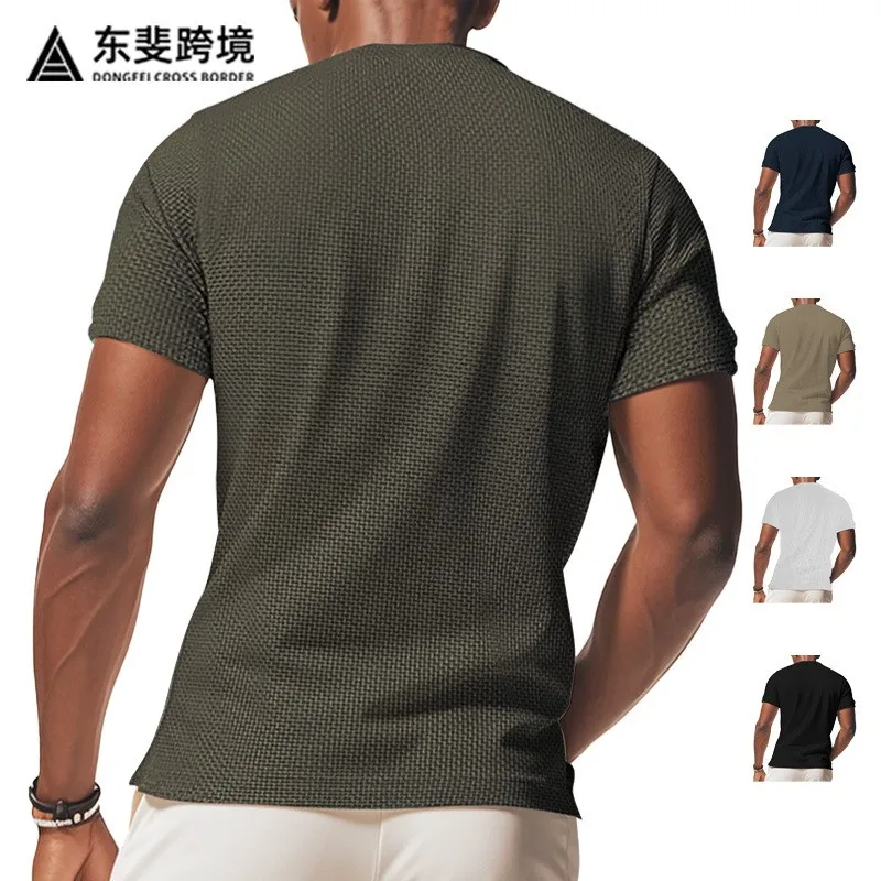Short Sleeve T-shirt Men Olive Green Navy Blue Khaki Slim Fit Solid Color Lightweight Waffle Knit Texture Round Neck Pullover