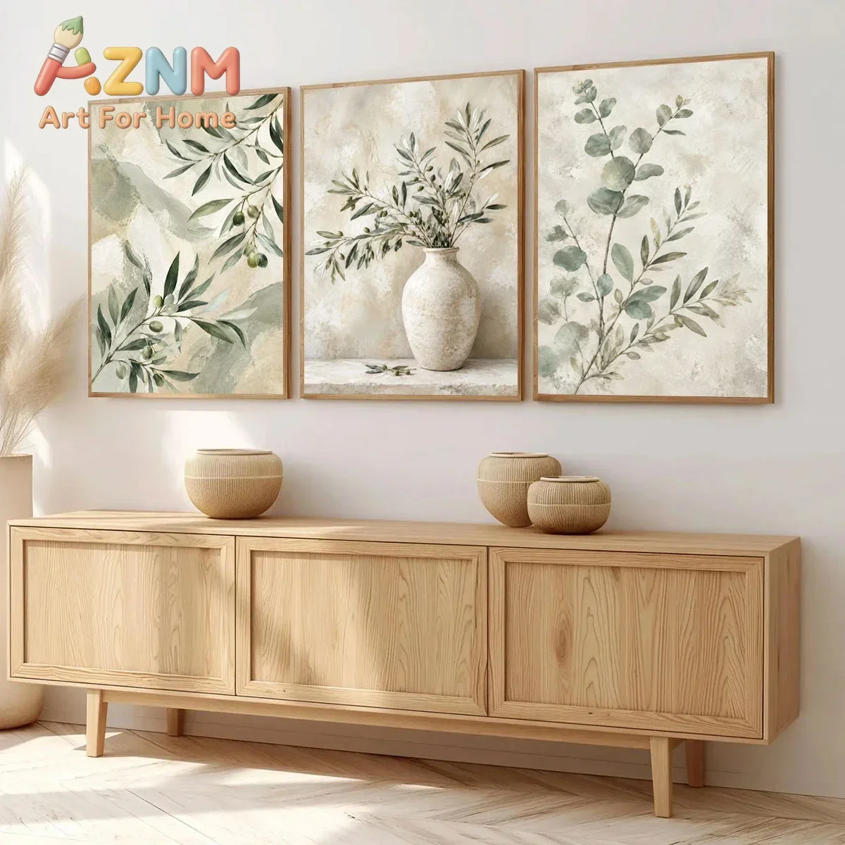 AZNM Mediterranean Olive Branch Canvas Wall Art Neutral Beige Vase Arch Window Sea View Art Print Unframed Canvas Poster for Hom