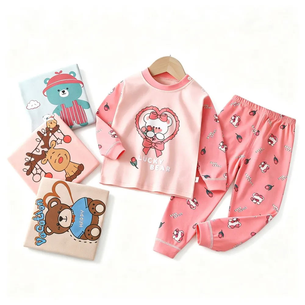 Girls Clothing Spring Autumn Kids Long Sleeve Pajamas 100% Cotton Sets Toddler Boy Pijama Cow Bear Cat Children Two Piece Outfit