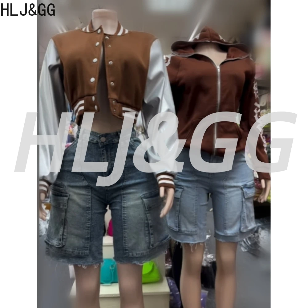 

HLJ&GG Fashion Autumn Letter Embroidery Baseball Jacket Two Piece Set Women Button Long Sleeve Crop Top And Denim Shorts Outfits