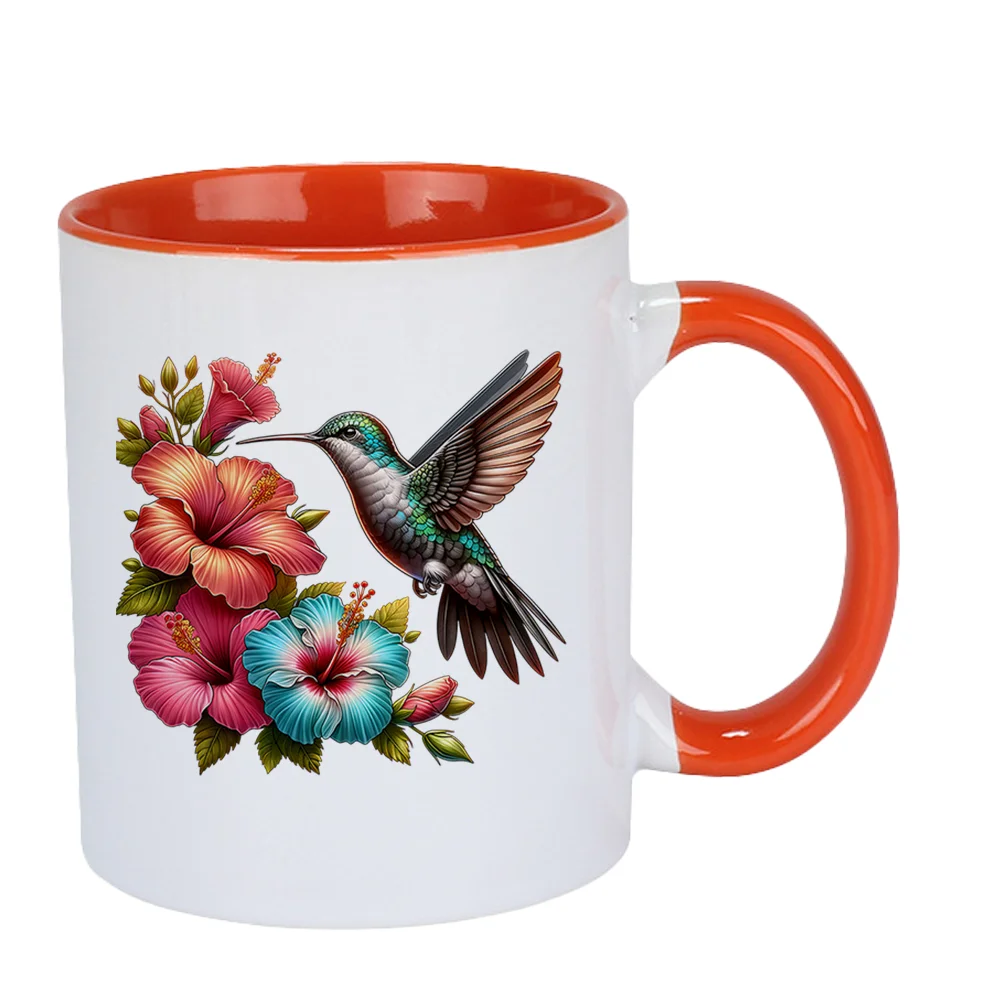 11oz Ceramic Coffee Mug with Hummingbird and Hibiscus Flower Print Summer Office Tableware for Birthday Mother’s Day Holiday Pre