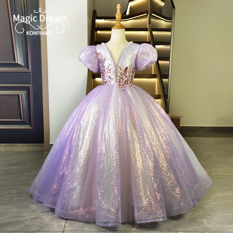 

V-neck Puff Sleeve Appliqué Slim Waist Birthday Party Vestidos Ball Gown Princess Vestidos 2024 Autumn Flower Girls Dresses