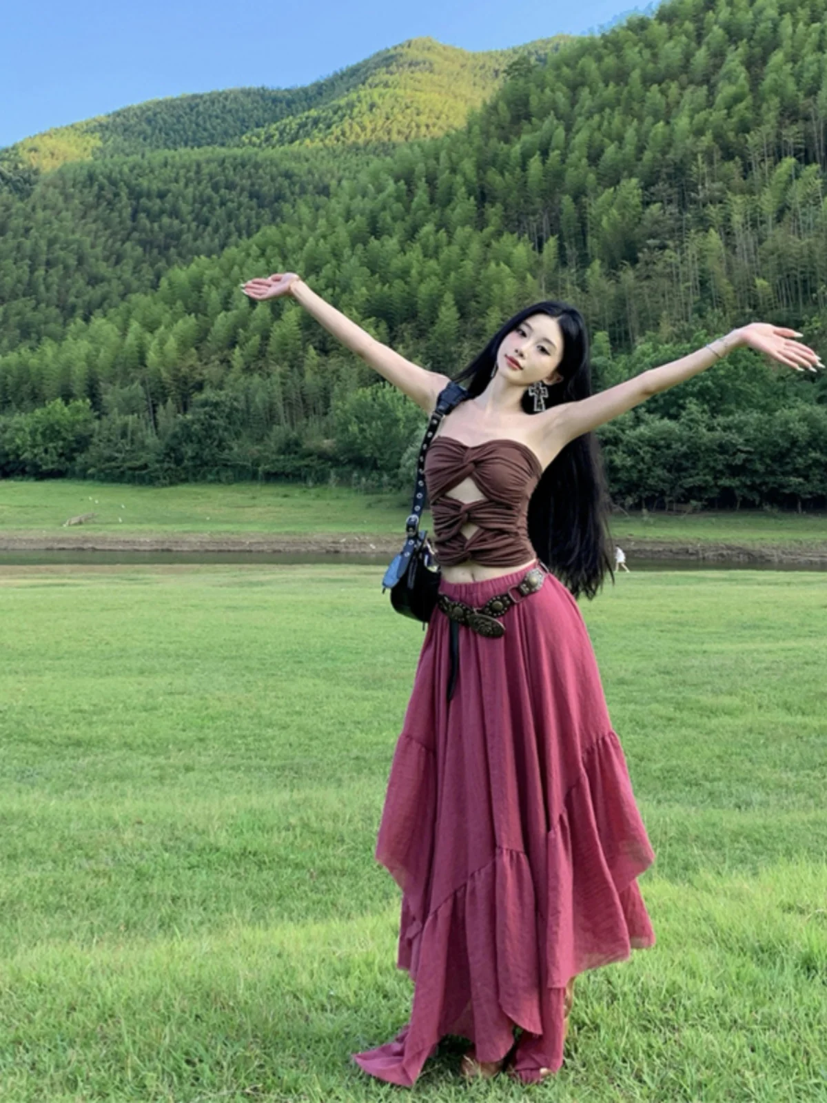 

Island Travel вязаный топ и юбка с вырезом, женский туристический наряд f-длины, комплект из двух предметов из полиэстера Dopane Sle