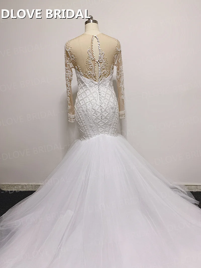 Vestido de novia de sirena de lujo hecho a medida, vestido de novia de cuentas delicadas con ilusión, mangas largas