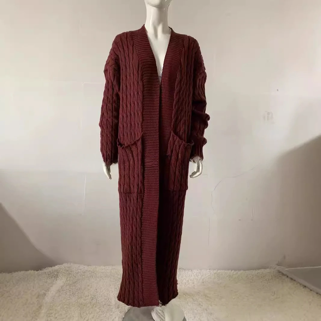 Long Sweater Pockets 2024 Autumn Winter Female Vintage Full Sleeve Casual Women Thick Coats Outwear Warm Knitwear Cardigan