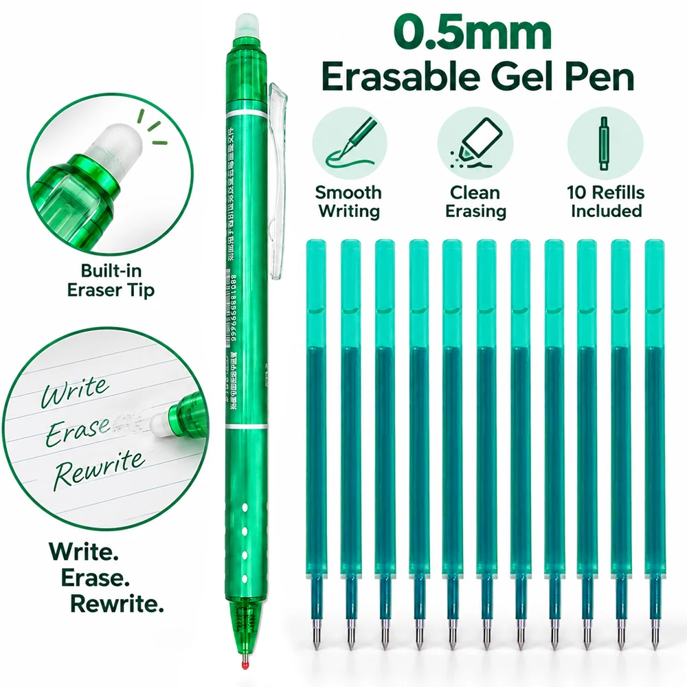 Retractable Erasable Gel Pen 0.5mm Large Capacity Pen Refill Replaceable Rods Washable Handle School Office Supplies Stationery