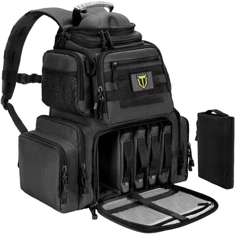 

Tactical shooting range backpack for guns and ammunition with pistol case