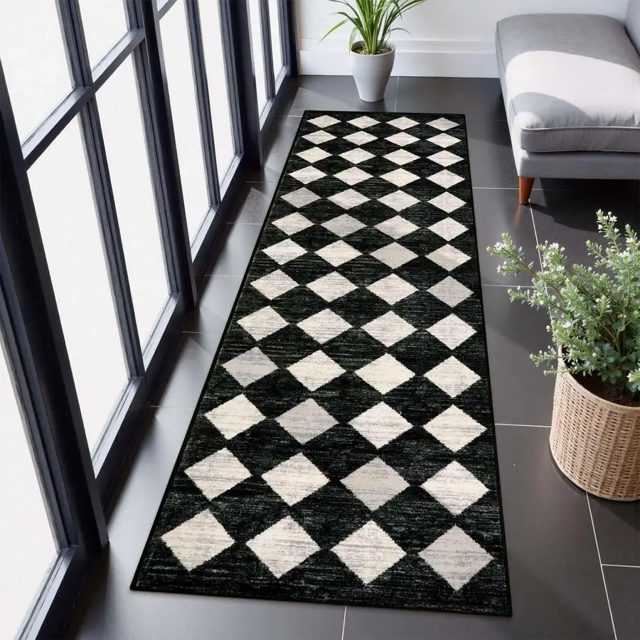 Moroccan Trellis Runner Rug 2x8 Black Hallway Runner Rug with Rubber Backing, Checkered Kitchen Non Skid Carpet Runners Washable