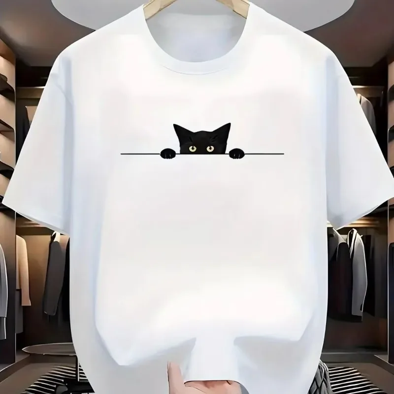 Camiseta Casual Masculina Preta com Design de Gato Fofo em Poliéster Macio, Manga Curta, Essencial para o Verão