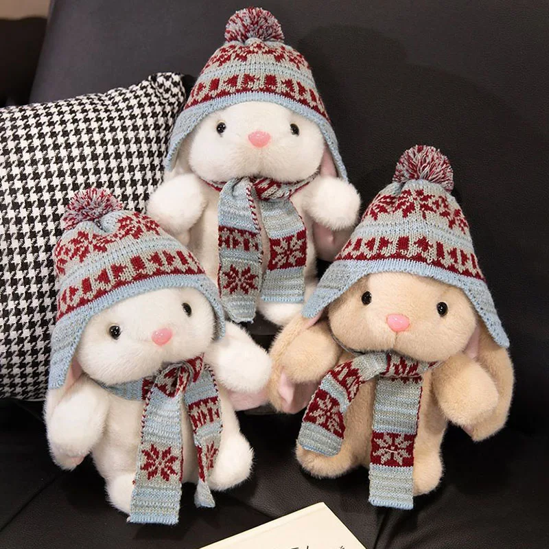 

Winter Style Bunny Plush Doll with Knitted Hat and Scarf Cute Soft Stuffed Rabbit Toy Christmas New Year Gift for Kids Girls