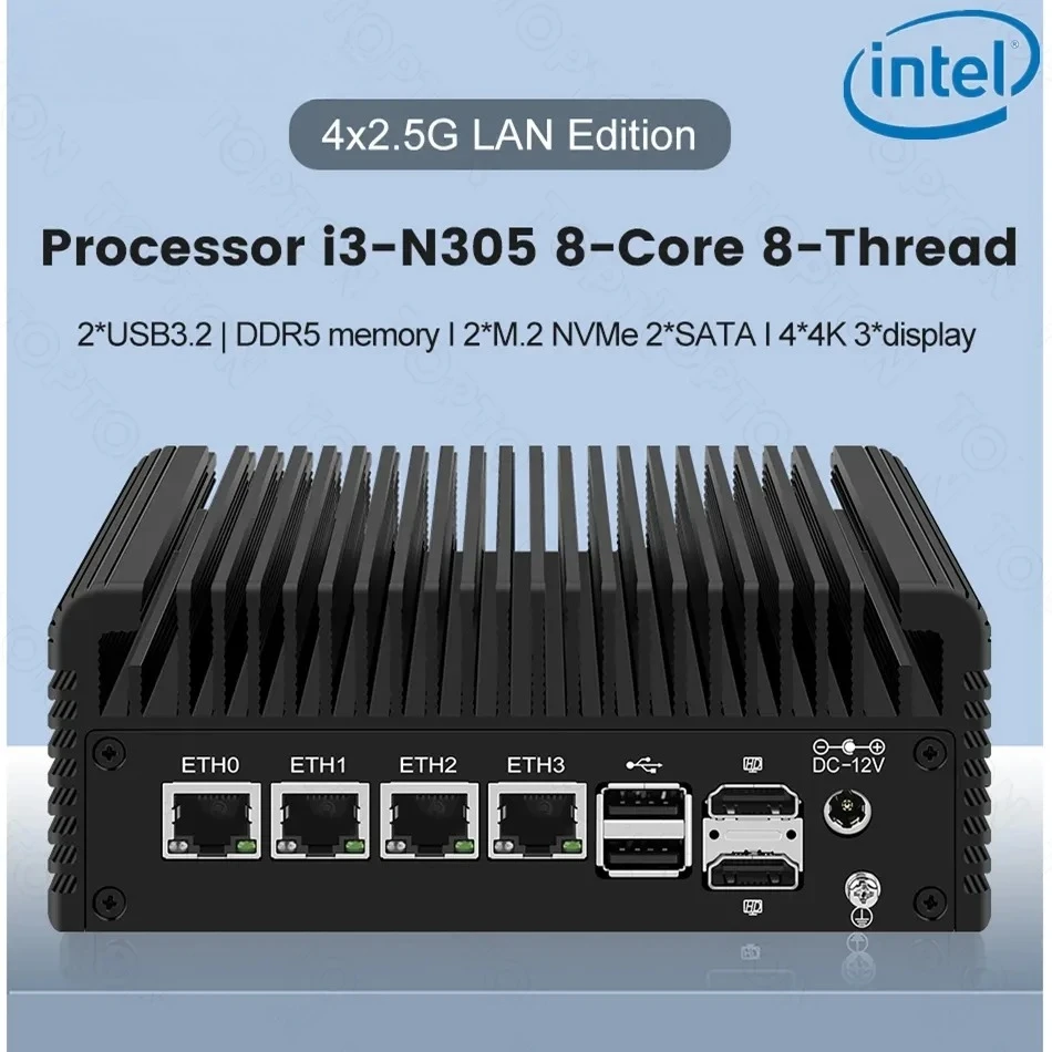 

2,5G безвентиляторный мини-ПК Intel i3 N355 N305 N150 N100 4xi226-V LANs DDR5 Type-C 6 * USB 2 * NVMe 2 * SATA Брандмауэр Proxmox pfSense