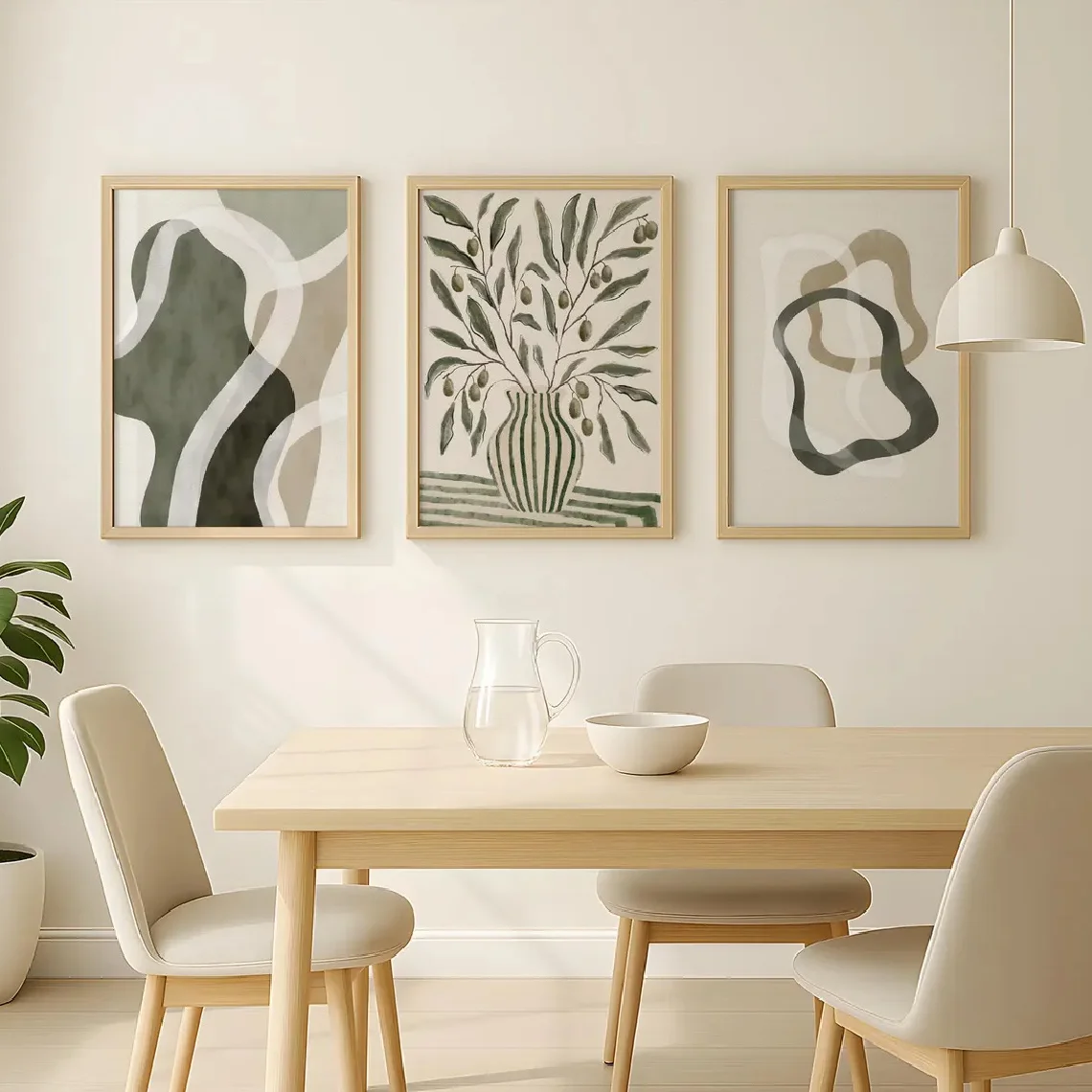 3pcs/set Retro Bohemian Olive Tree Vase Canvas Printing Abstract Green Plant Geometric Wall Art Poster for Modern Home Decor