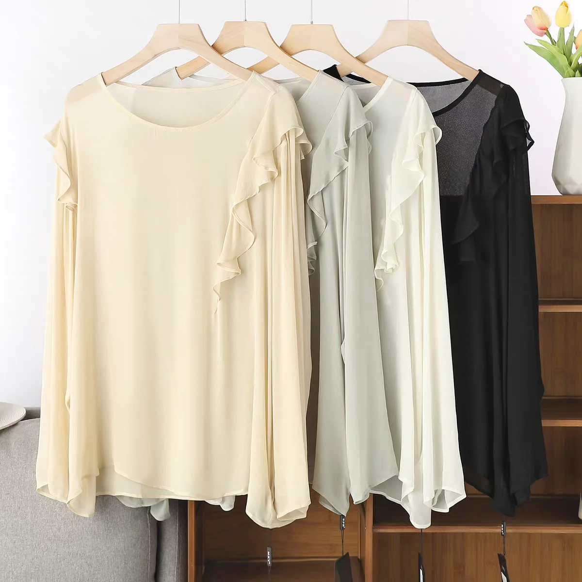 French Elegant Long Sleeve Ruffle Shirt Lightweight Sweet Top for Spring Summer Fashion plus Size Women's Clothing Red rose