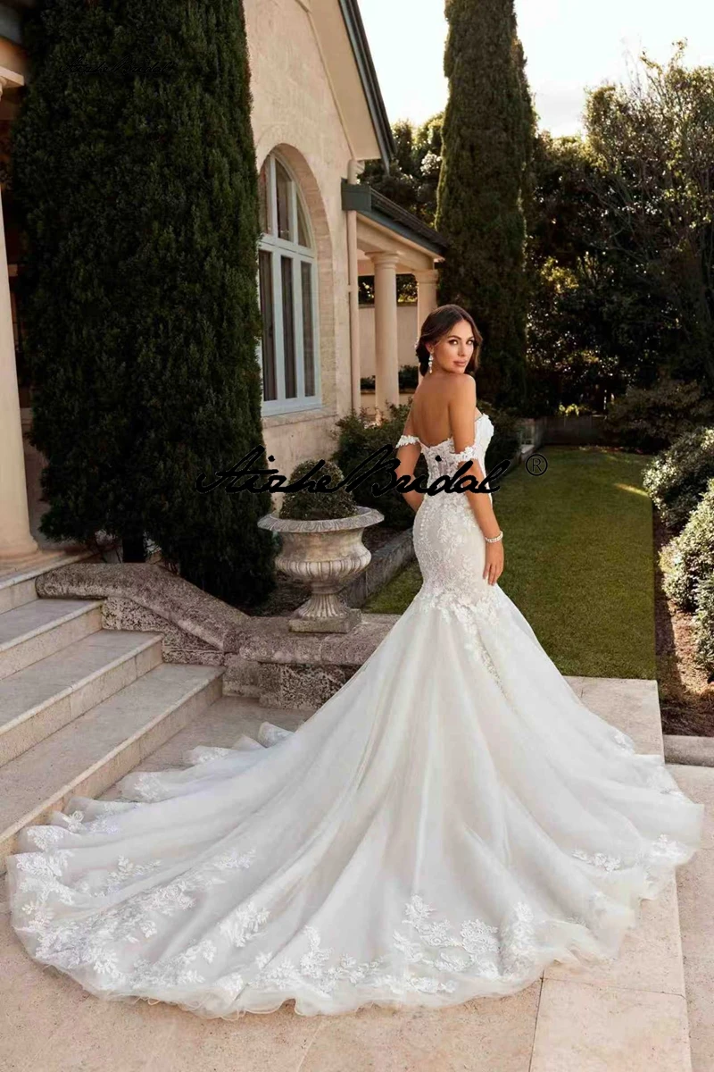 Schulterfreie Meerjungfrau-Brautkleider, individuelle Spitzenapplikationen, langes Brautkleid, ärmelloses, rückenfreies Boho-Brautkleid