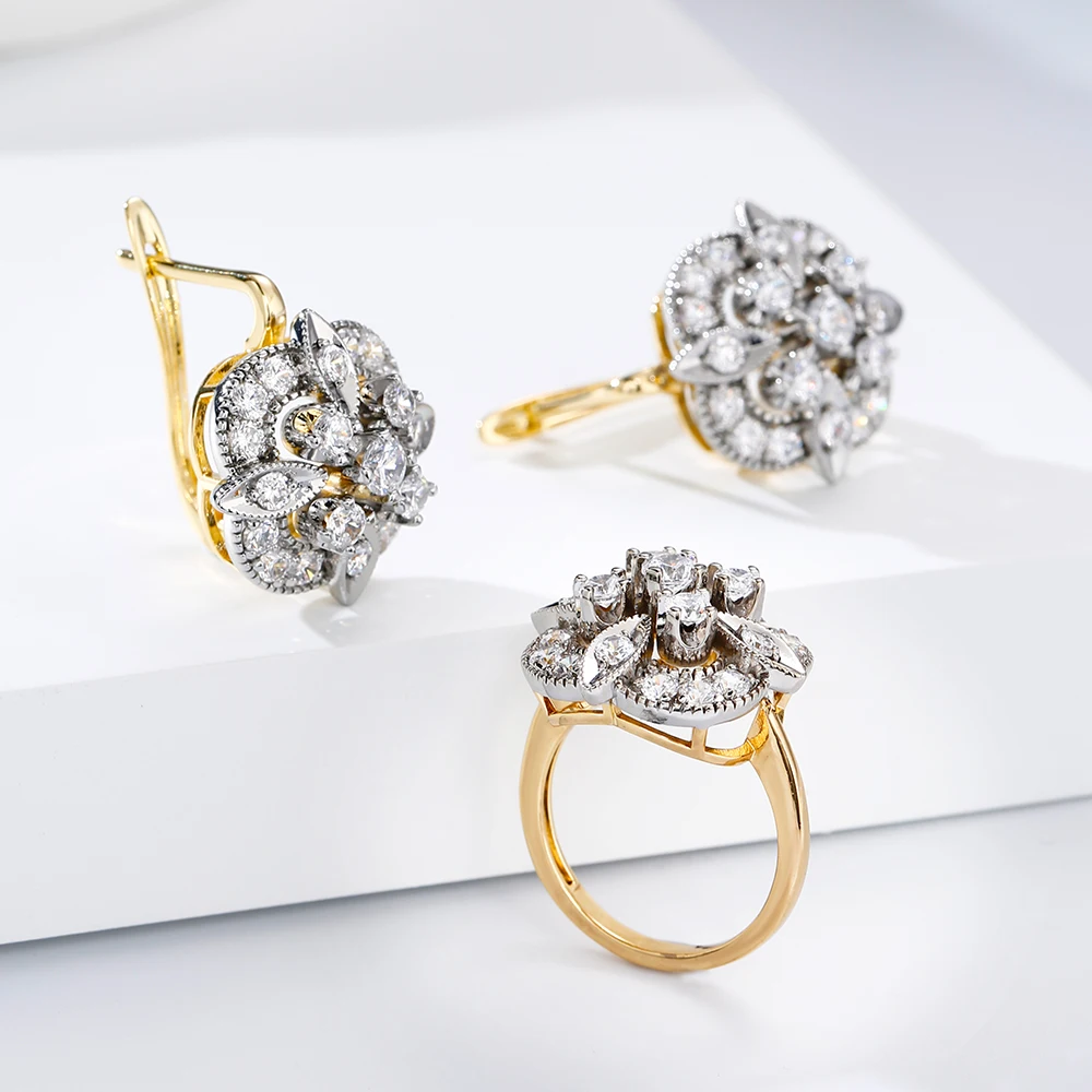Blumendesign mit eingelegtem Zirkonia, Ohrringe, Ring, zweifarbiges Set, Modeschmuck, luxuriöse Accessoires für Damen, Party, Hochzeit, Empfang