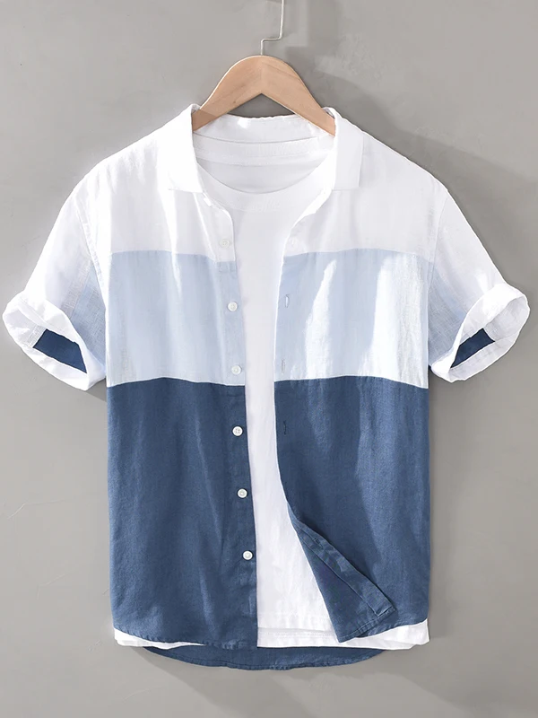 

Lightweight Cotton Linen Men's Shirt Short Sleeve Loose Fit Summer Casual Trendy Splice Breathable Urban Style Square Collar