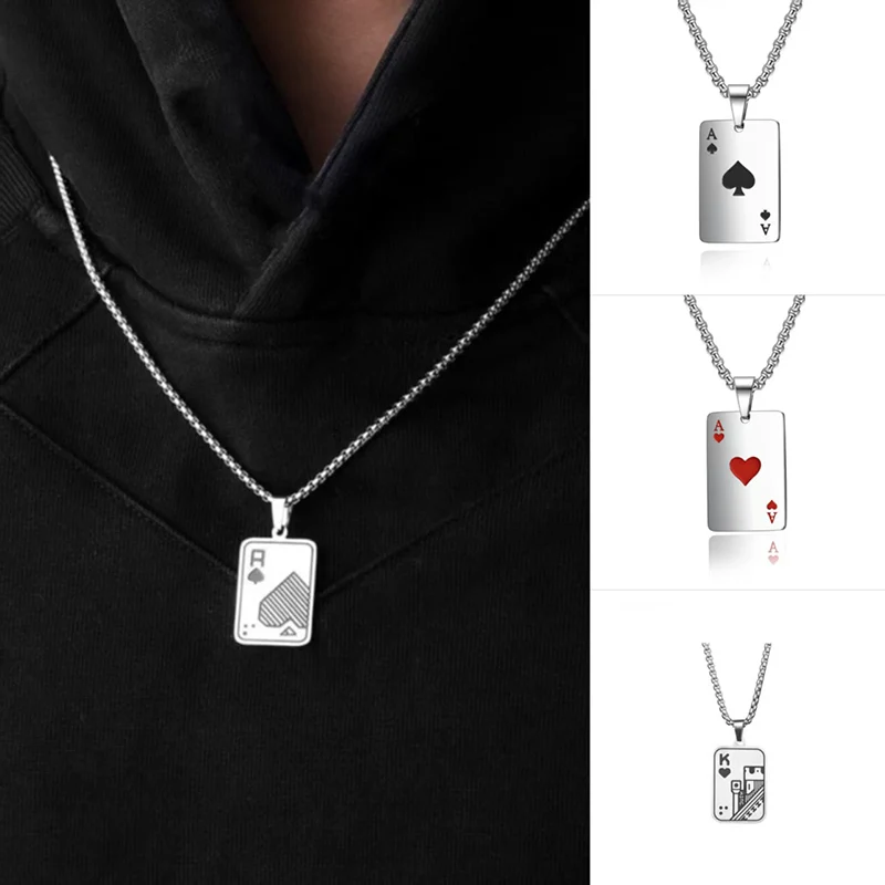 Collar con colgante de póker de Hiphop Rock para hombre, 4 estilos de acero inoxidable que no se decolora, Collar largo de 24 pulgadas, joya para ciclismo, decoración de niño genial