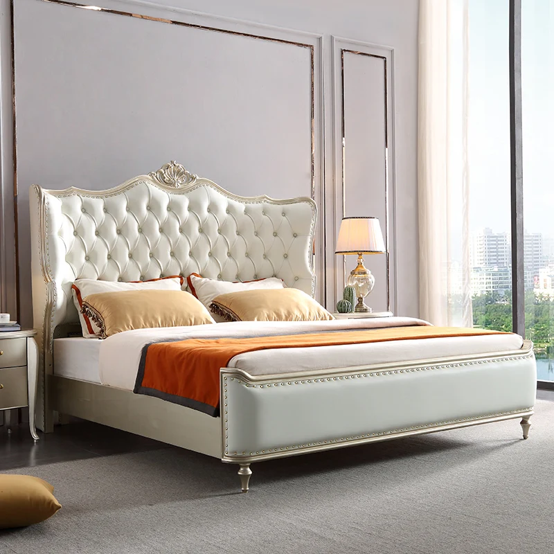 

American Light Luxury Bed Solid Wood Leather Sleeping Princess Aesthetics Bed Luxury Trendy Queen Beliche Unique Furniture