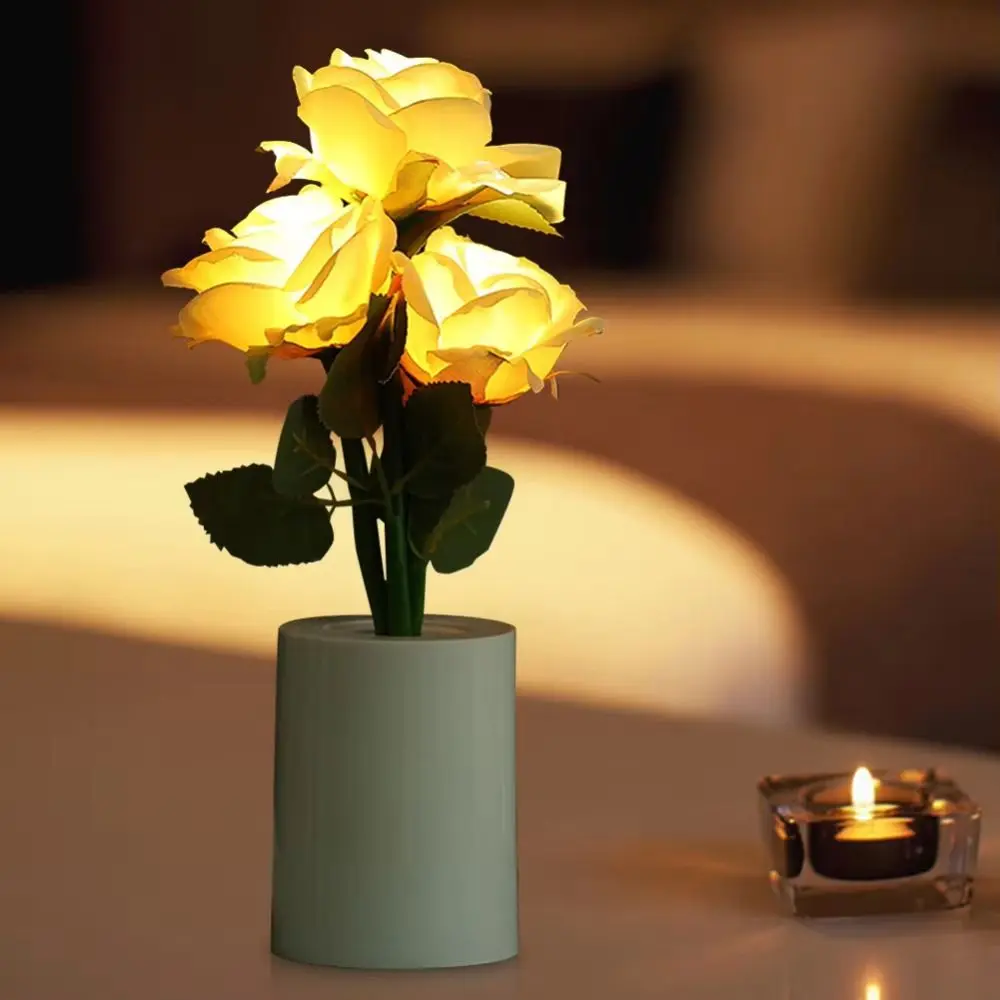 LED Light Source LED Chinese Rose Table Lamp Simulation Rose Flower 3 Head Design Chinese Rose Shaped Desk Light