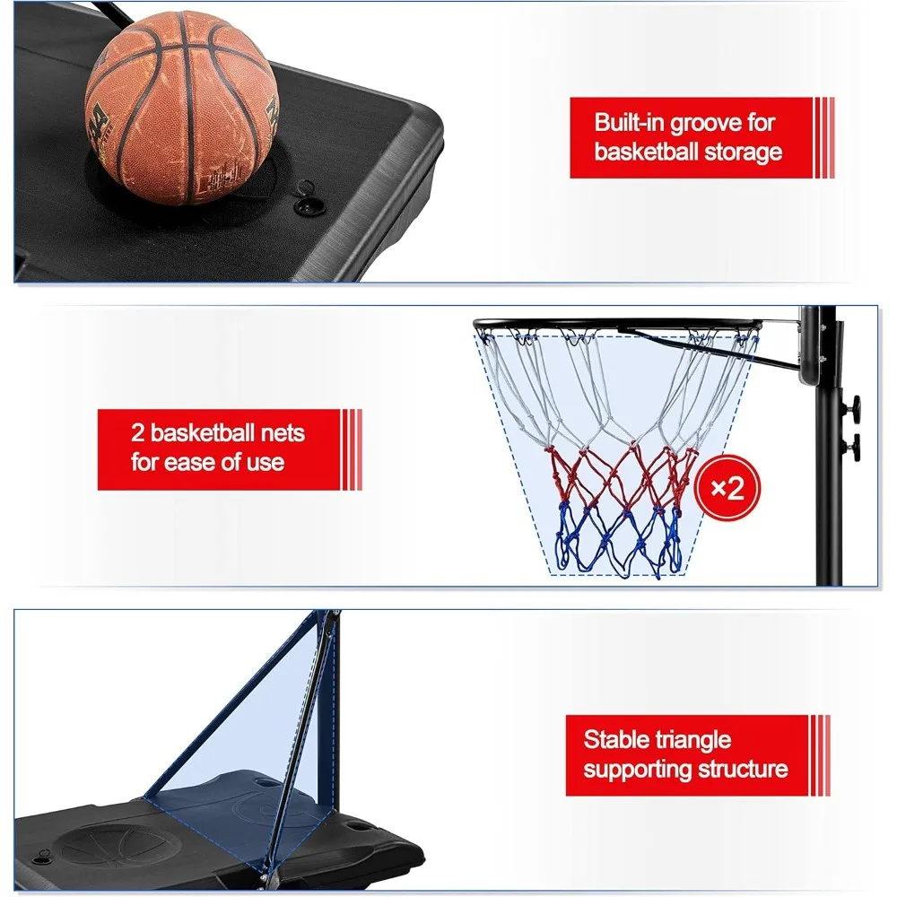 sistema portátil de cesta de basquete ao ar livre com encosto e rodas de pe de 7,6 a 8,6 pés ajustáveis em altura para crianças