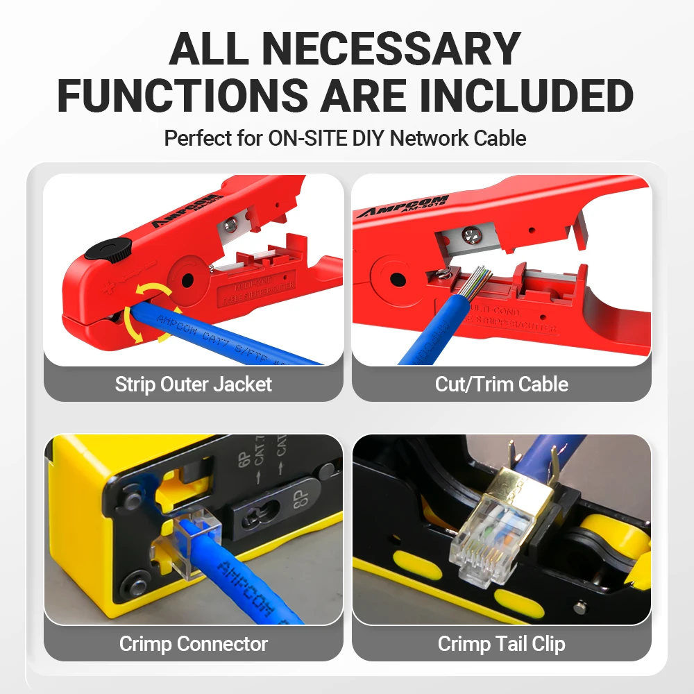 AMPCOM EZ-Type RJ45 المكشكش مع مجموعة أدوات شريط الأسلاك لشبكة التجعيد/القطع CAT8/7/6A/6/5E -STP/UTP & TEL RJ11/12 كابل وحدات