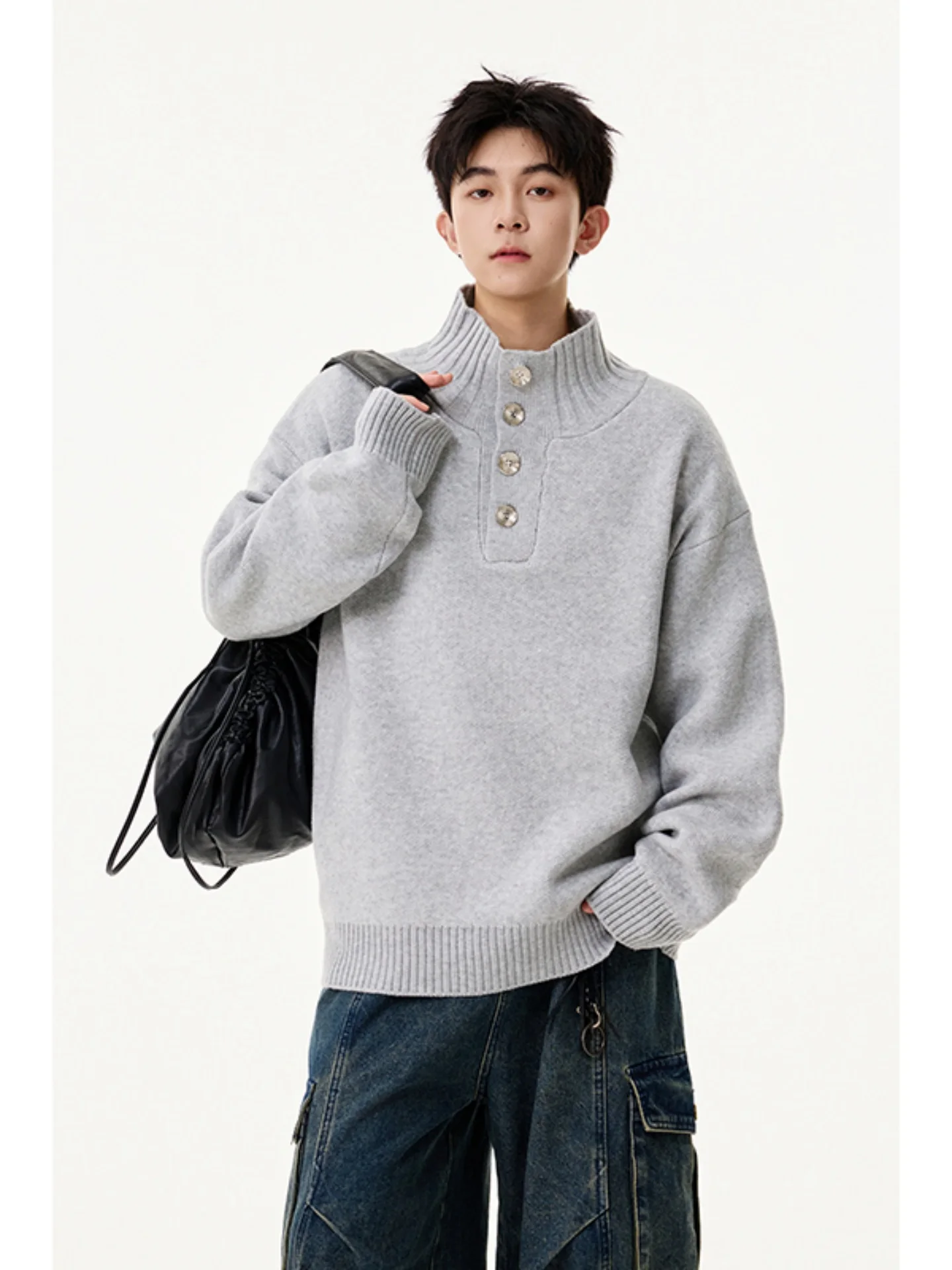 

Men's Knitted Sweater Button up Loose Fit f High Collar Henry Collar Autumn Winter Casual Comfortable Soft Fabric irt