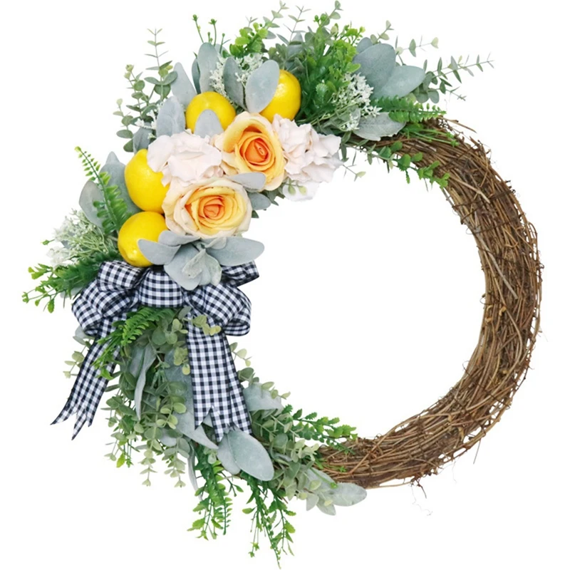 

AT35 Artificial Lemon Rose Flower Wreath Spring Summer Wreath For Front Door Window Wall Wedding Party Office Home Decoration