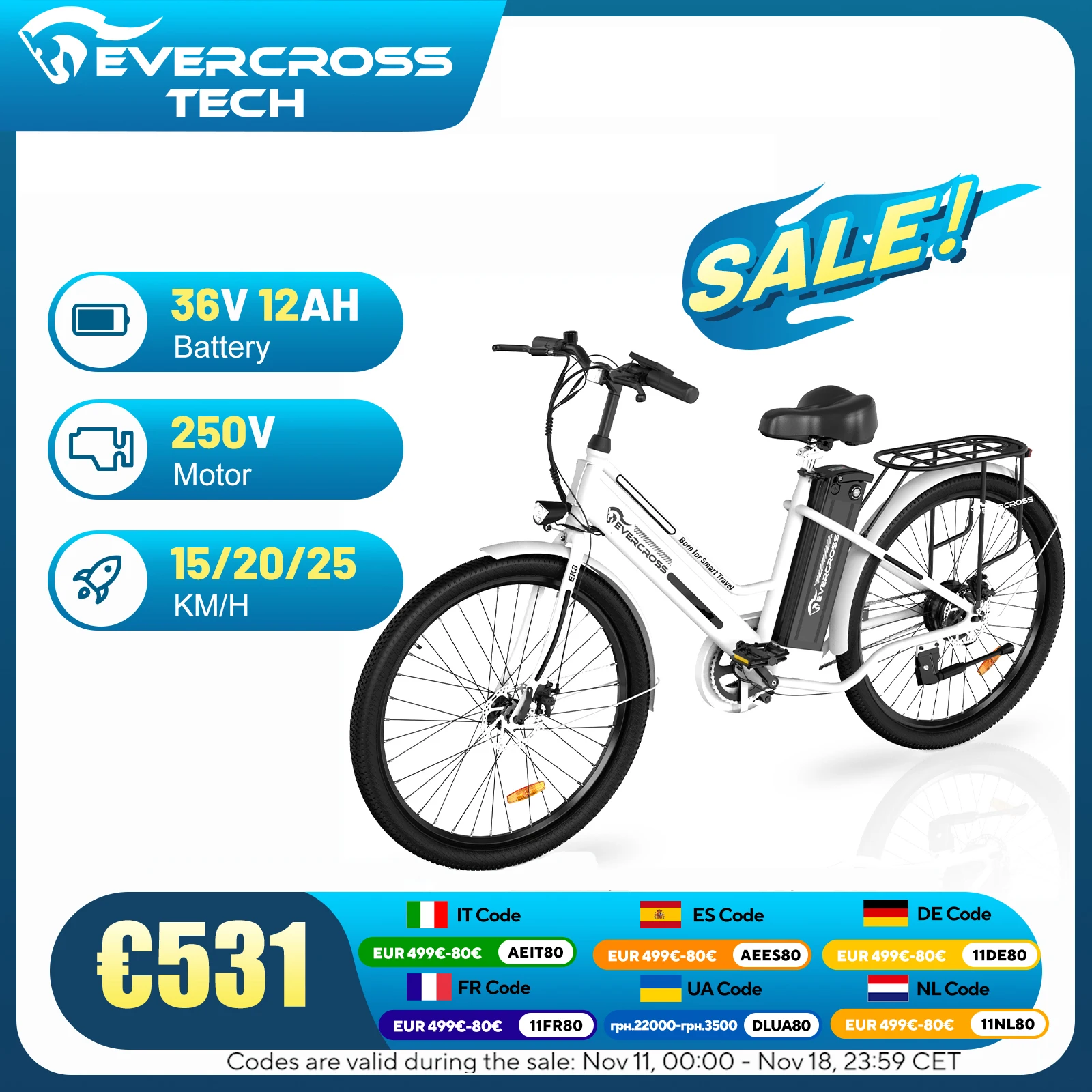 EVERCROSS TECH EK 8S Electric bike for adults, 26 inch electric MTB-motor 250W, battery 36V 12AH, 15/20/25 KM/H, Cha