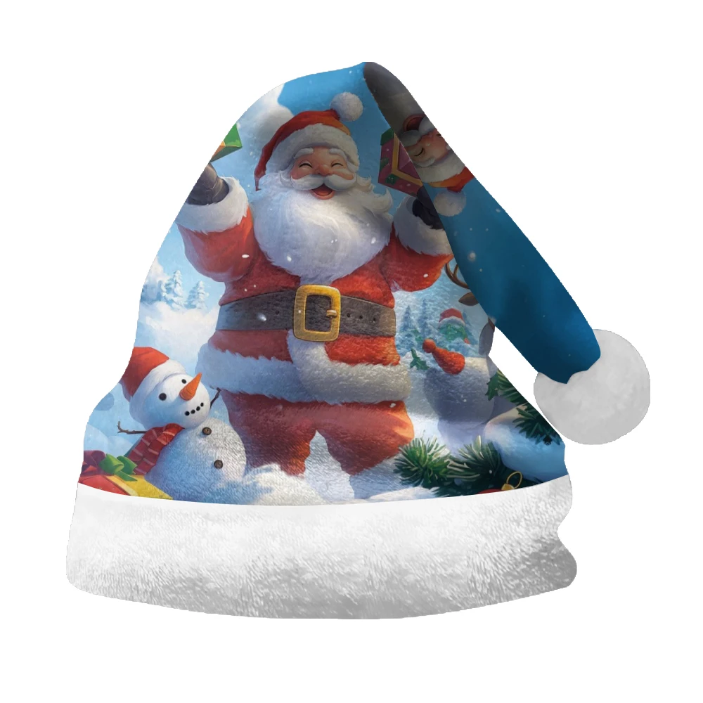 Fashionable winter atmosphere Christmas hat, blue Santa Claus print party, daily warm and comfortable