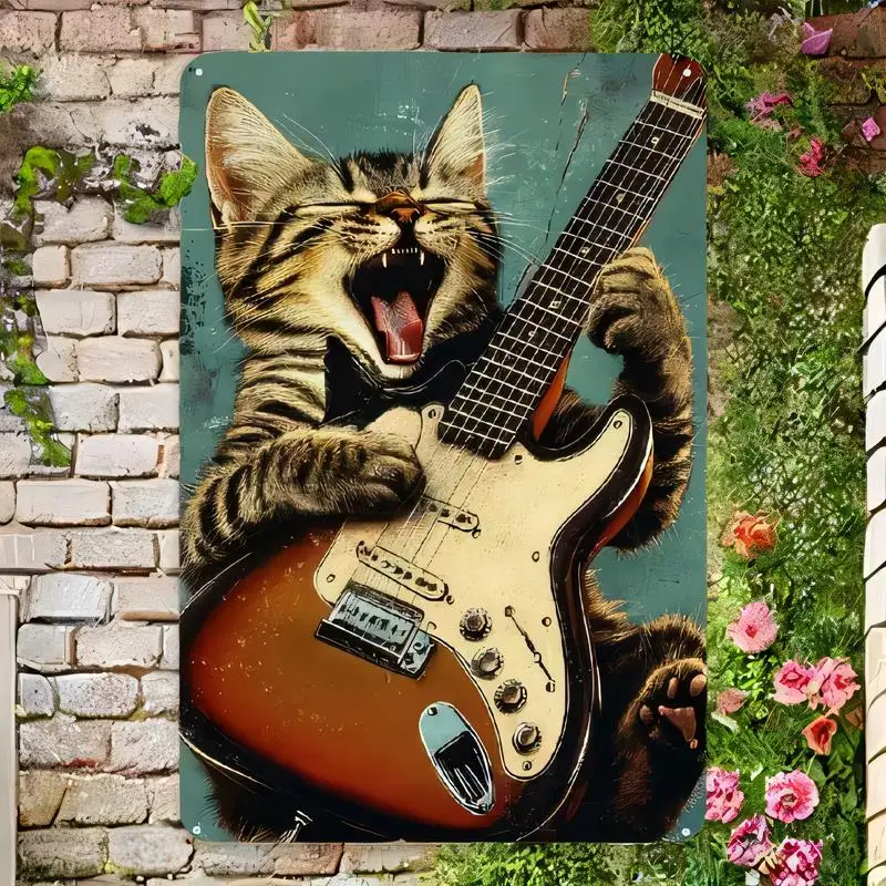 Vintage Funny Tabby Cat Playing Electric Guitar Metal Tin Sign - Retro Teal & Brown Wall Decor, Iron, Perfect for Home, Music Ro