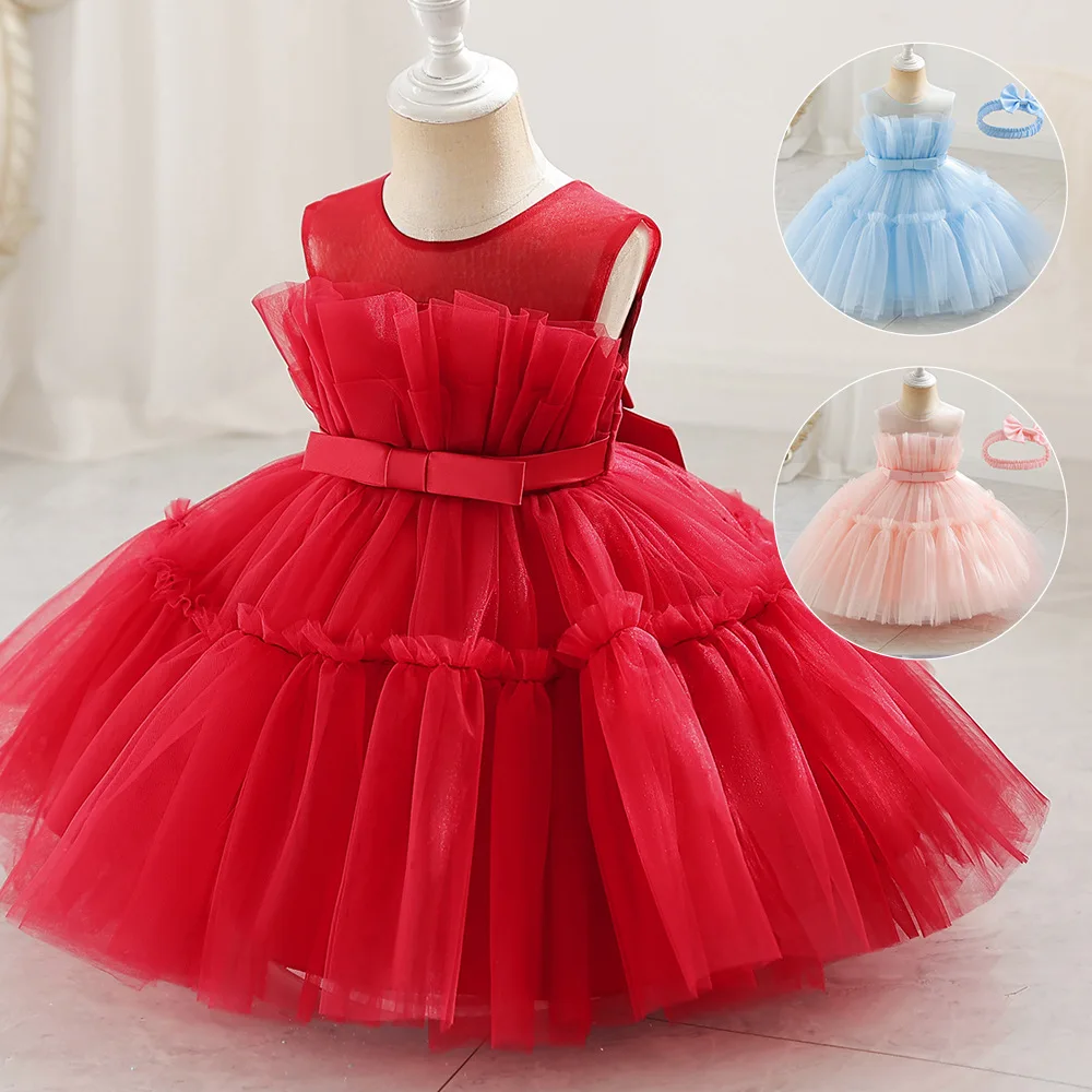 ELBCOS 2-4T Kid Girls Solid Color No-Sleeve Beading Belt Bubble Skirt Costumes Evening Full Layered Dress