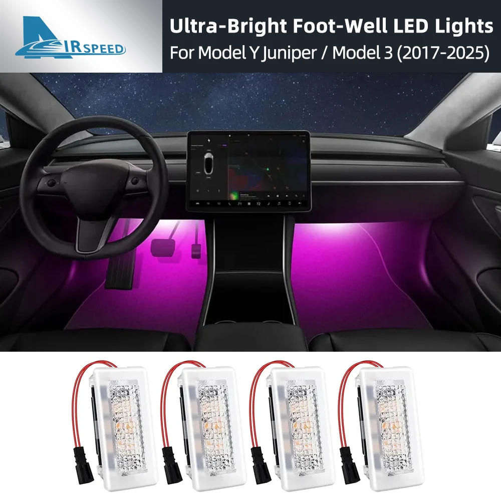 Ultra-Bright Interior Foot-Well Lights for Tesla Model Y Juniper 2025-2020 Model 3 Highland 2018-2024 Model S/X LED Bulbs Kit