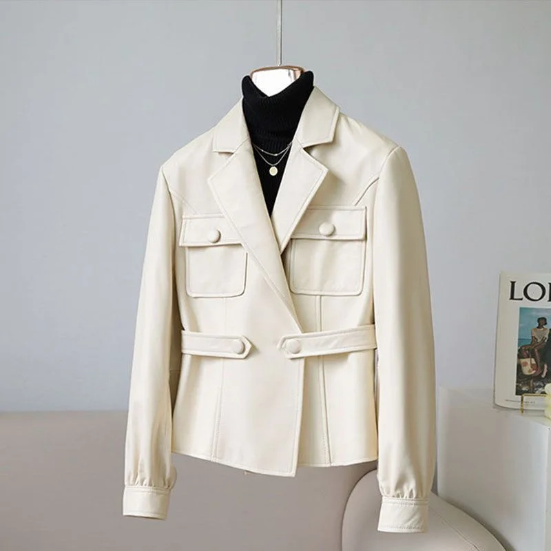 

Высококачественная кожаная куртка, костюм, женская кожаная куртка в стиле ретро с завязкой на талии, приталенный стиль, модная кожаная куртка, новинка 2025 года