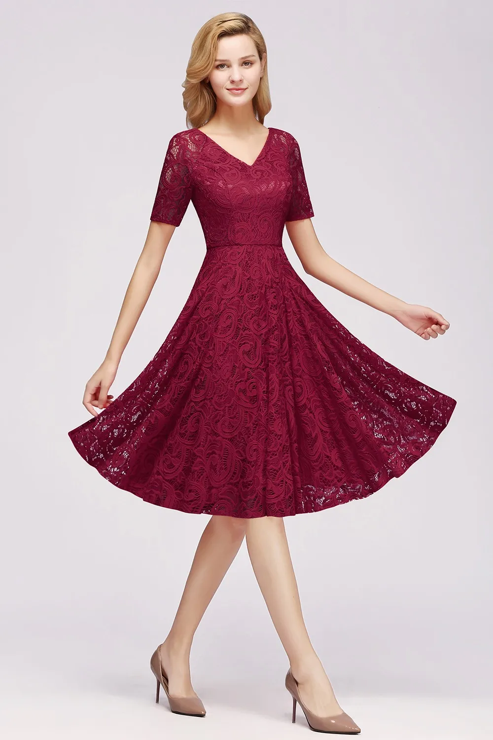 Винтажные кружевные платья подружки невесты с круглым вырезом и короткими рукавами с атласным бантом и поясом, свадебное вечернее платье для выпускного вечера Robe De Soiree