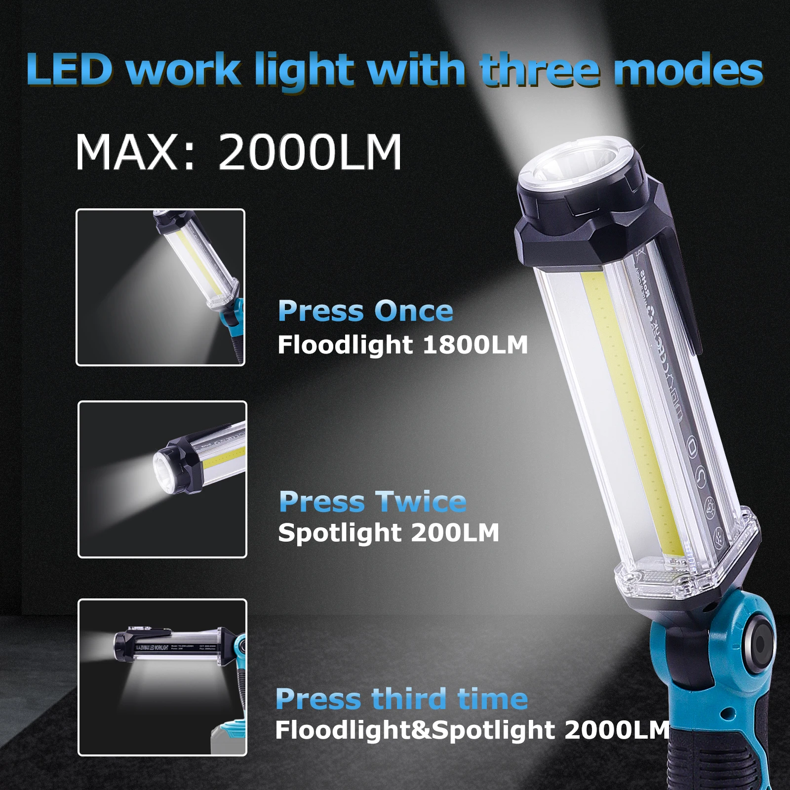 마키타 무선 LED 작업등, 14.4V-18V 리튬 배터리, 2000LM USB 손전등, 야외 넓은 조명 손전등
