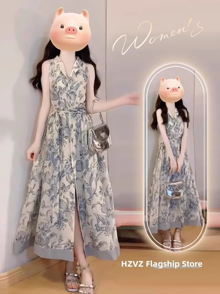

plus Size Summer Vacation Style Sleeveless Beach Dress Women's High Waist A-Line Long Dress Slimming Effect Korean Commute Style
