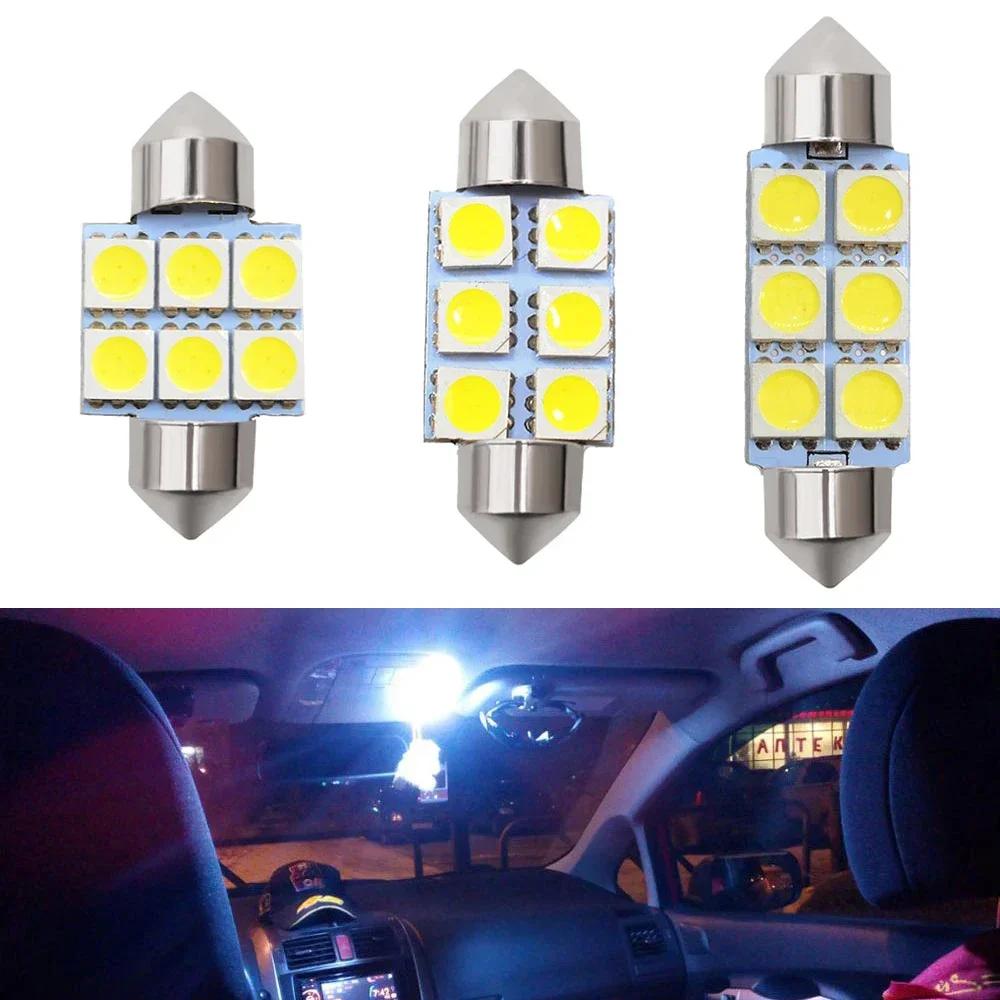 10pcs Car 5050 6SMD Led C5w 31mm 36mm 39mm White License Plate Lamp 12V Interior Reading Festoon Dome Light Tail Bulb Turn Signa