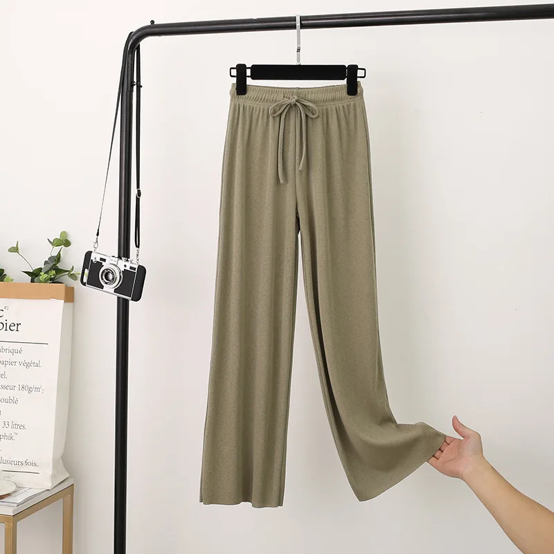 Ice Silk Wide-Leg Pants Women Cool Sweatpants Summer Thin Pleat Loose Straight Pants Office Lady Casual Drawstring Long Trousers