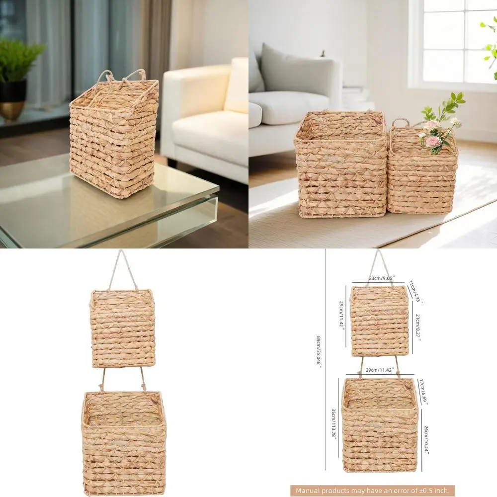 

2-Tier Wall Hanging Wicker Water Hyacinth storage baskets Set,Woven Rustic Natural armhouse Door Baskets Organizer or decor,Kitc