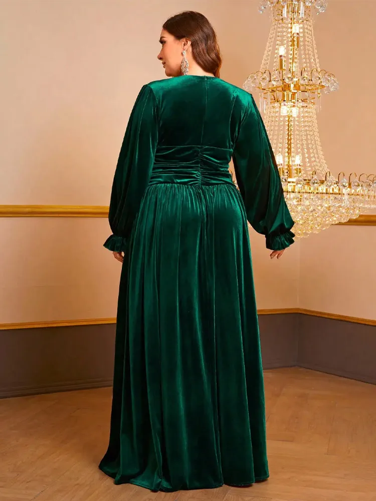 S-7xl V-Neck Long-Sleeved Velvet Floor-Length Autumn And Winter Evening Dress Plus Size Elegant Dark Green Velvet Dress Women