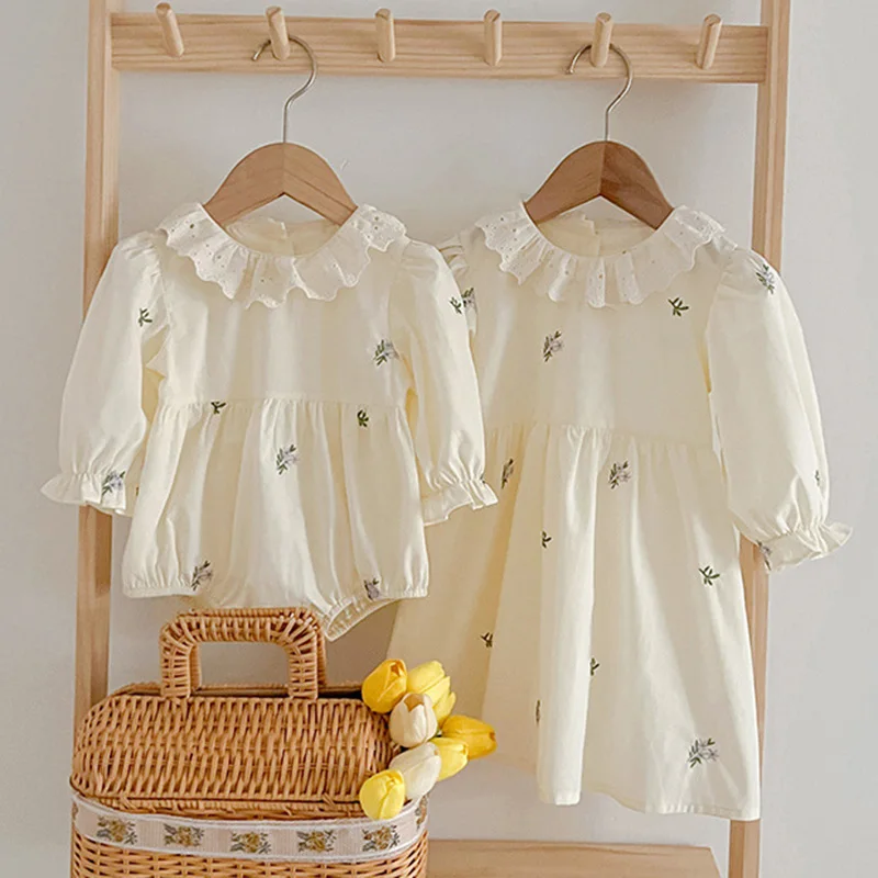 2024 New Spring Children Clothing Girls Princess Dress Long Sleeved Cotton Embroidery Toddler Baby Bodysuits Kids Party Dresses