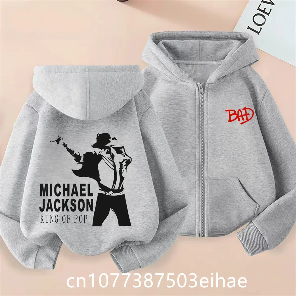 Boys Michael Jackson Printed Zip‑Up Hooded Jacket, Thin Long Sleeve Spring Autumn Kids Streetwear Outerwear With Pockets