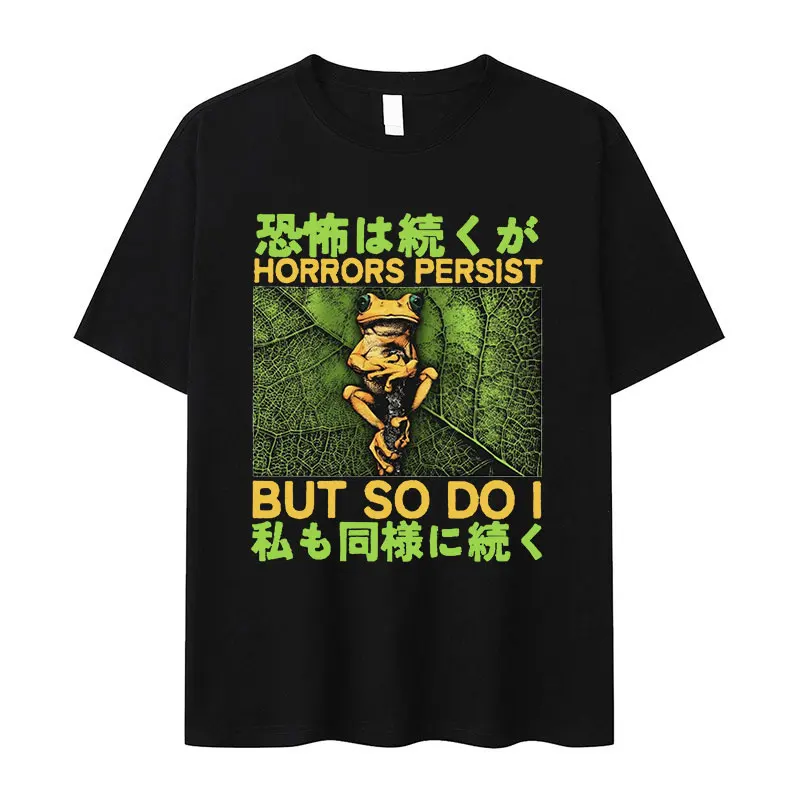 Japanese Horrors Persist Frog Retro Graphic T Shirts Men Fashion O-Neck High Quality Oversized Cotton T-shirt Unisex Streetwear