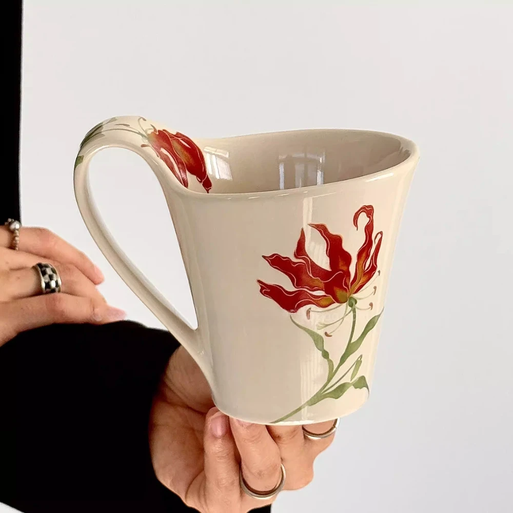 Vintage Streamline Cup High Appearance Level Ceramic Coffee Mug Household Large Capacity Plants Flowers Water Cup Modern Simple