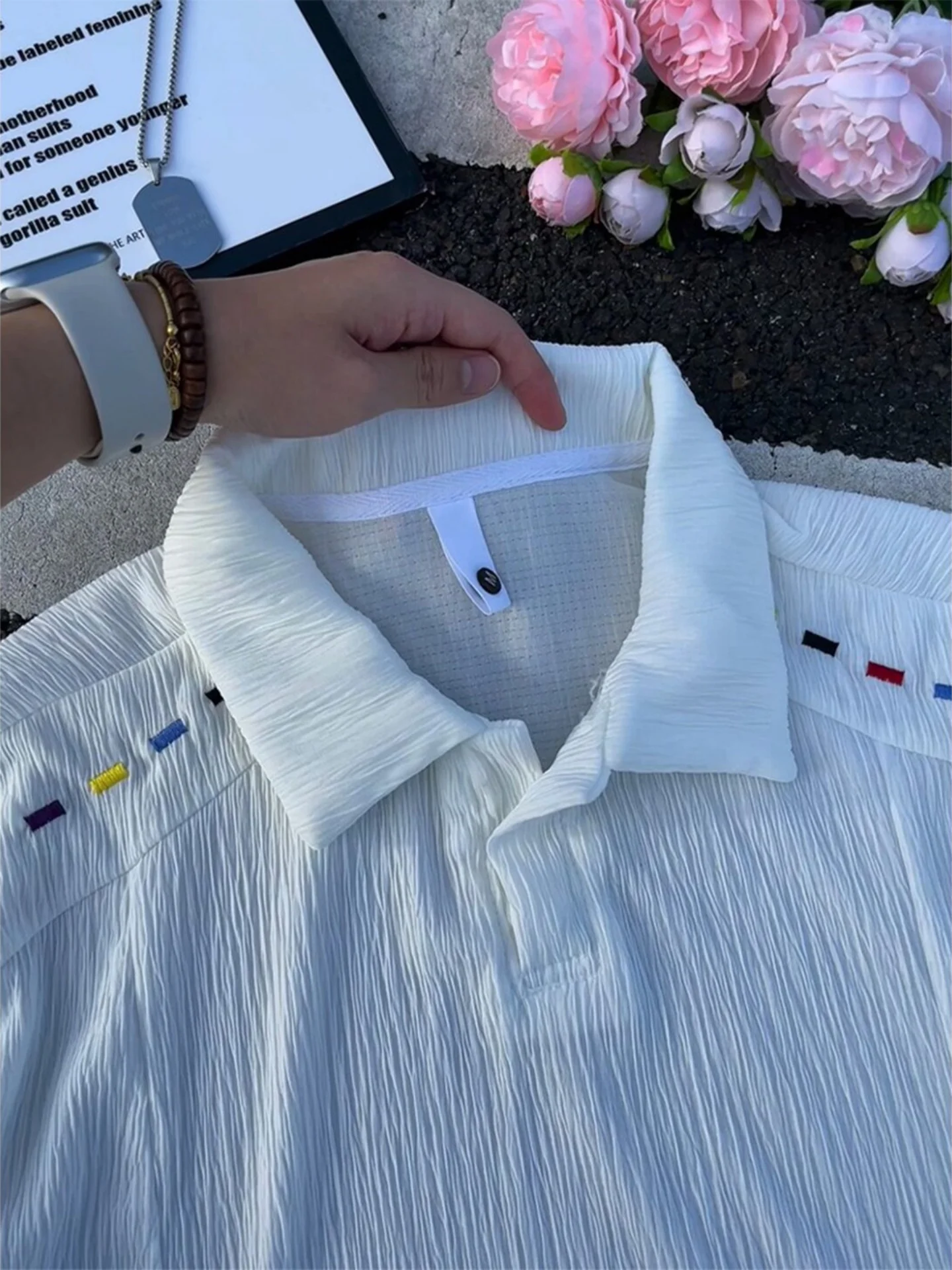 Textured White Embroidered Ice Silk  Shirt Short Sleeve Men's Summer Thin CleanFit Half Sleeve T-Shirt Breathable Polyest...