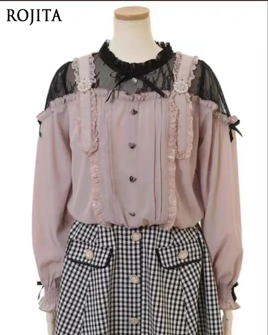 

Женская блузка-пуловер в японском стиле, массового производства, с двойными бретелями, открытыми плечами, длинными рукавами, воротником с рюшами и бантом