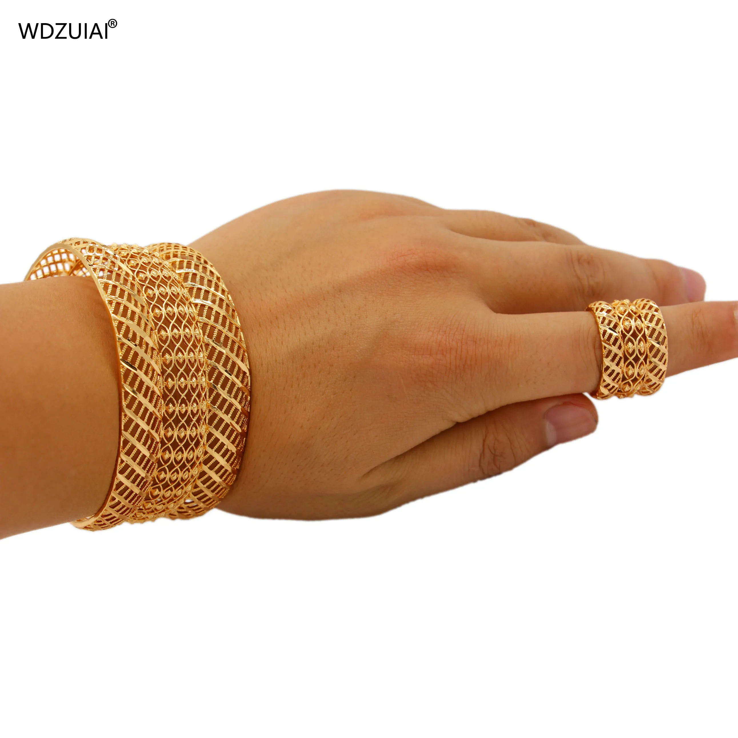 WDZUIAI Wave Shape Gold Color Bracelets&Ring Set for African Ethiopian Women Men Bangle Queen Copper Bangles Girls Party Jewelry