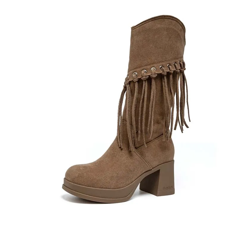 

Slimming Effect Western Cowboy Boots round Toe Mid-Calf Retro Fringe Medium Heel Women's Boot for Autumn Winter