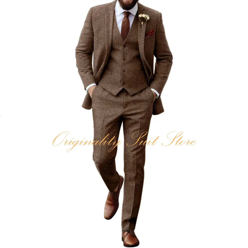 Setelan Jas Herringbone Tweed Retro untuk Pria, Slim Fit, Tuxedo Pengantin 3 Potong (Jaket, Rompi, Celana), Setelan Jas untuk Pernikahan/Pesta